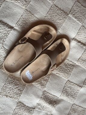 Tan Suede Slide Sandals with Gold Studs